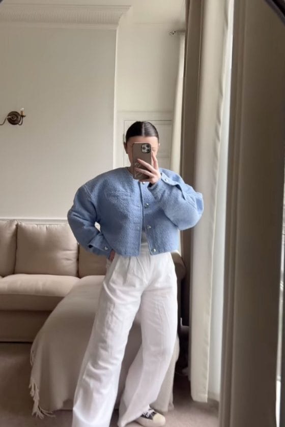 White Wide-Leg Linen Trousers with a Cropped Jacket — Trouser Outfits