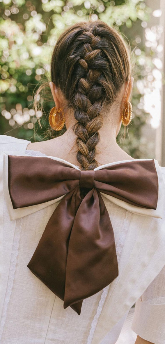 Oversized Satin Bow Dark Brown Braid — Hair Bow Hairstyles