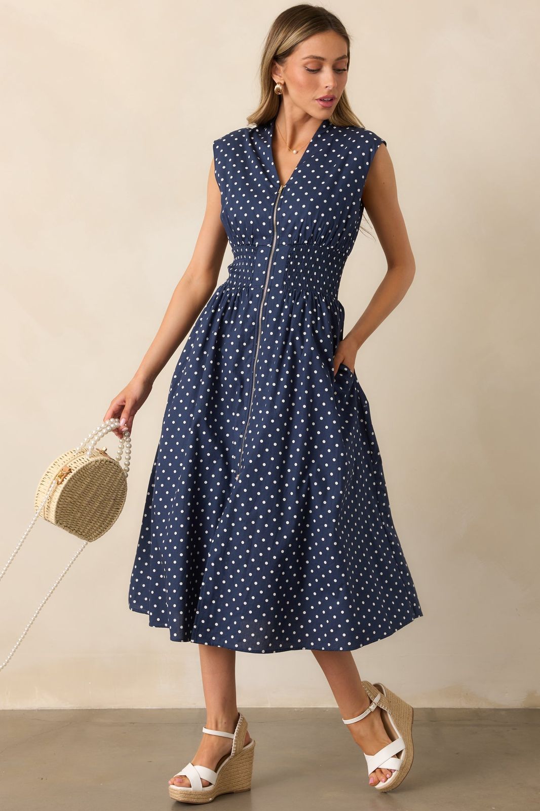 Zip-Front Midi Dress with Espadrille Wedges for Daytime Zip-Front Midi Dress with Espadrille Wedges for Daytime — Polka Dot Dresses