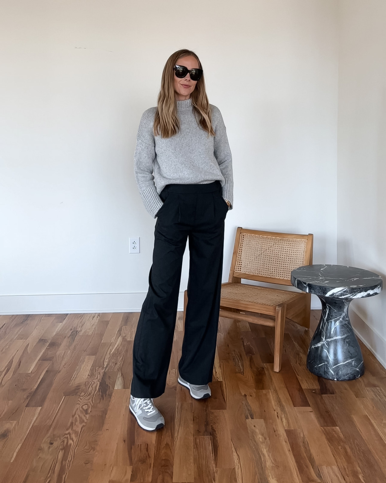 Wide-Leg Trousers and Knit Sweater with 574s — New Balance 574 Outfits