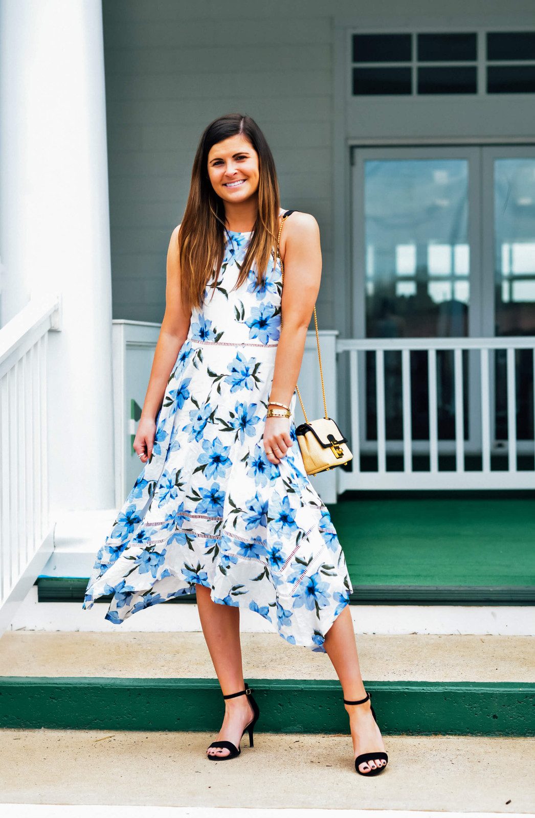Spring Luncheon Style: White Floral Midi Dress with Black Heels Spring Luncheon Style: White Floral Midi Dress with Black Heels — Floral Dress Outfits