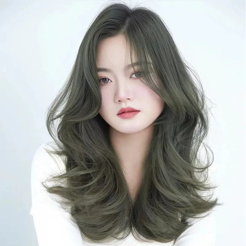 Olive Green Blowout With Curtain Bangs Olive Green Blowout With Curtain Bangs — Olive Green Hair