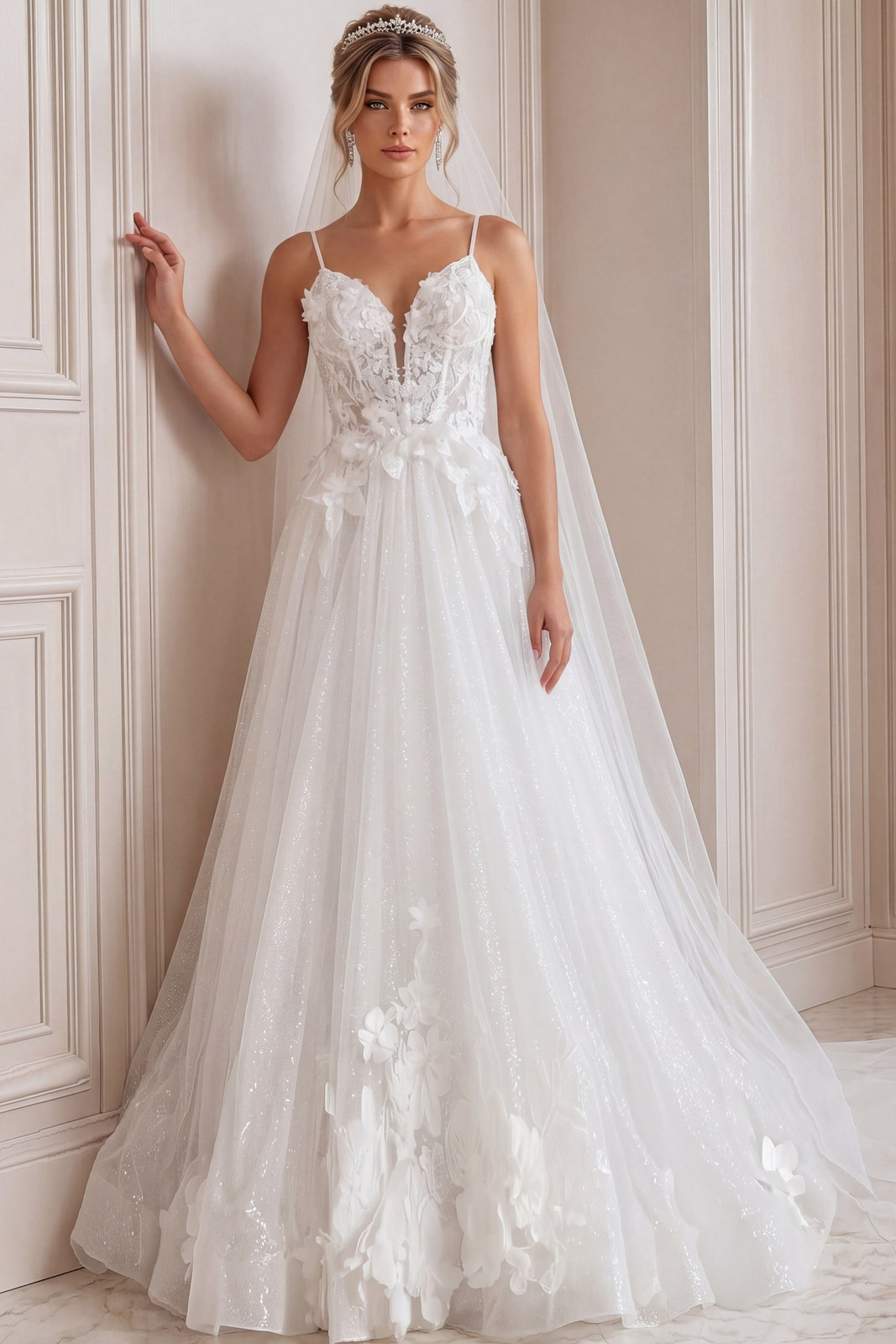 White Tulle A-Line Bridal Gown with Floral Sequins — Tulle Dresses
