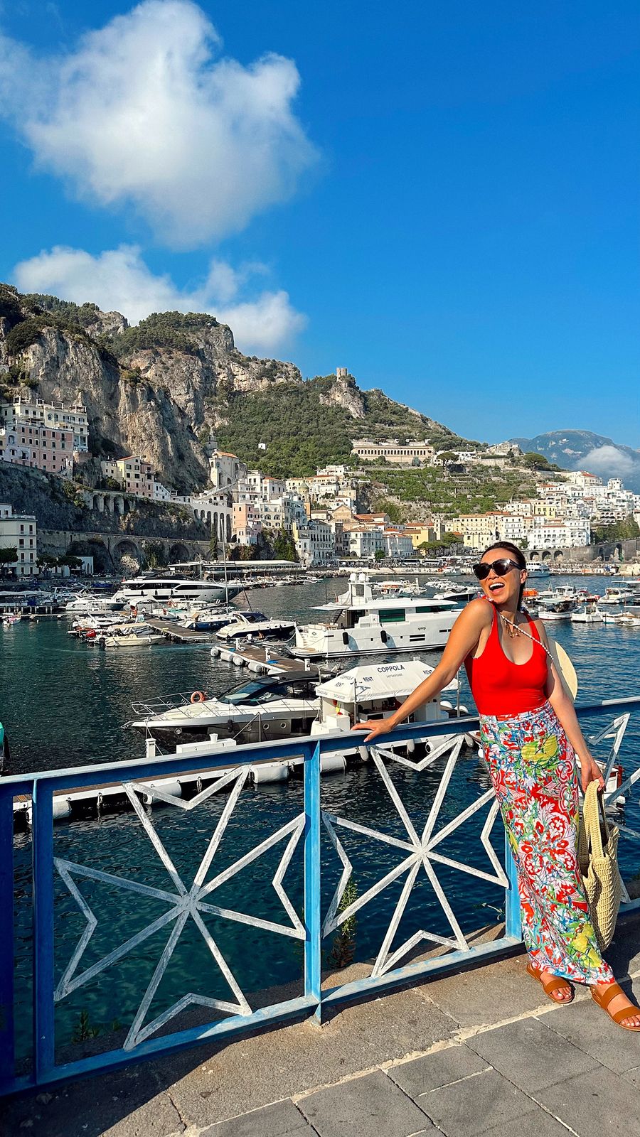 Patterned Maxi Skirt with Red Top for Coastal Views — Amalfi Coast Outfits