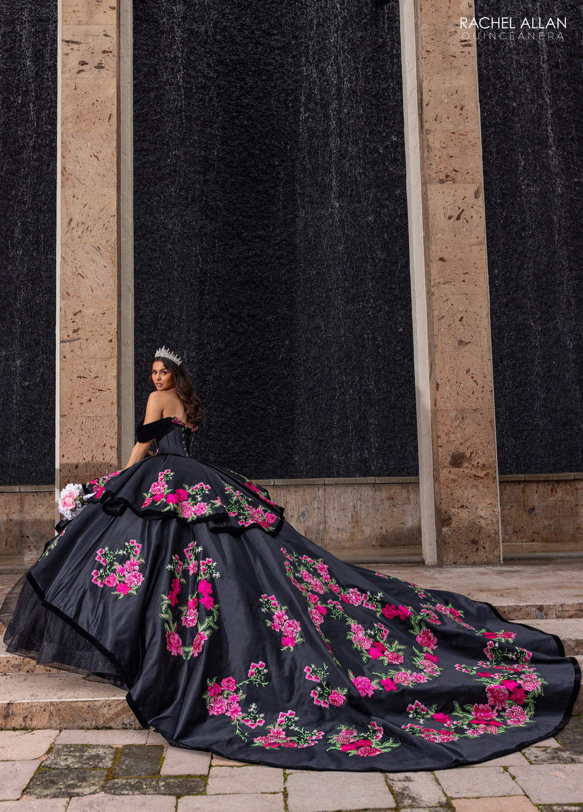 Black Ballgown with Vibrant Hot Pink Floral Embroidery Black Ballgown with Vibrant Hot Pink Floral Embroidery — Quinceanera Dresses