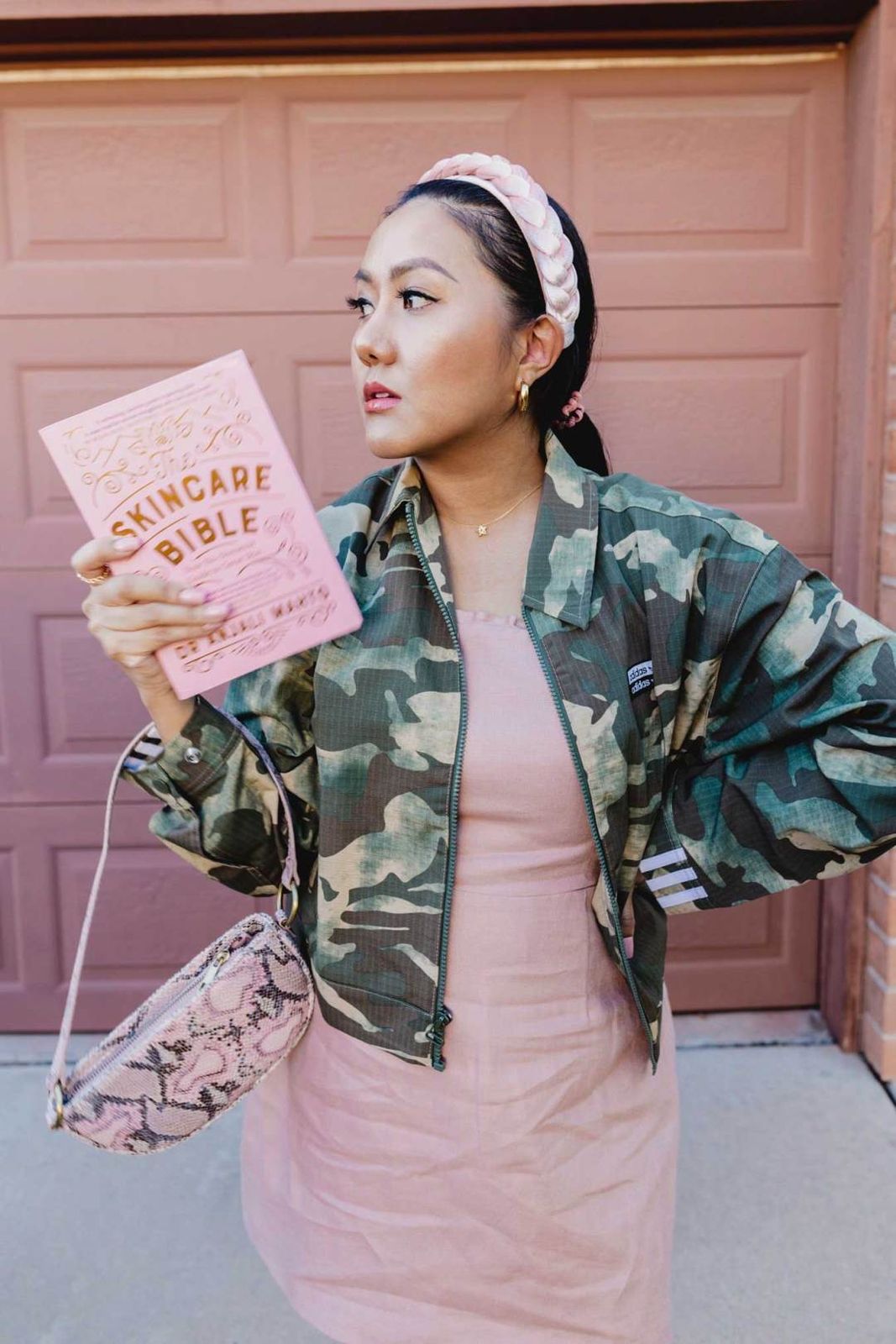 Camouflage Track Jacket Over Pink Dress — Track Jacket Outfits