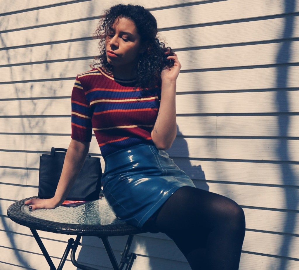 Unexpected Texture: Vinyl Mini Skirt with Striped Knit Top Unexpected Texture: Vinyl Mini Skirt with Striped Knit Top — Nanny Outfits