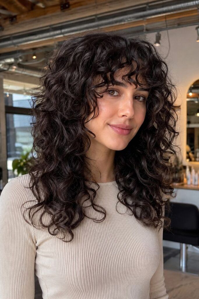 Collarbone Dark Brown Defined Curls Bangs — Curly Wolf Cut