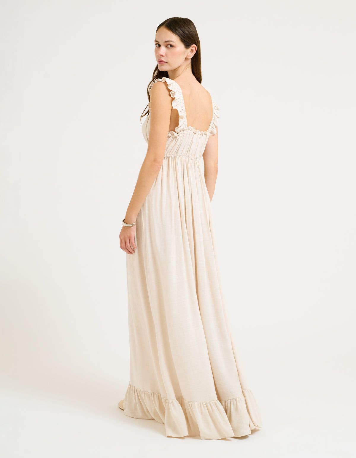 Off-White Linen Maxi with Ruffled Details Off-White Linen Maxi with Ruffled Details — Backless Dresses