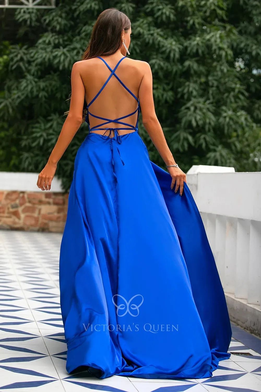 Royal Blue Satin A-Line Dress with Criss-Cross Back — Military Ball Dresses