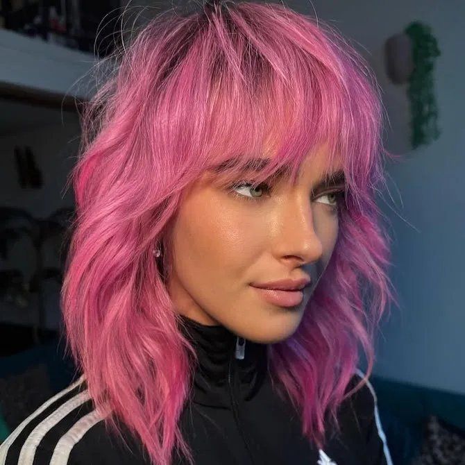 Bright Hot Pink Shag With Full Fringe Bright Hot Pink Shag With Full Fringe — Fun Hair Colors