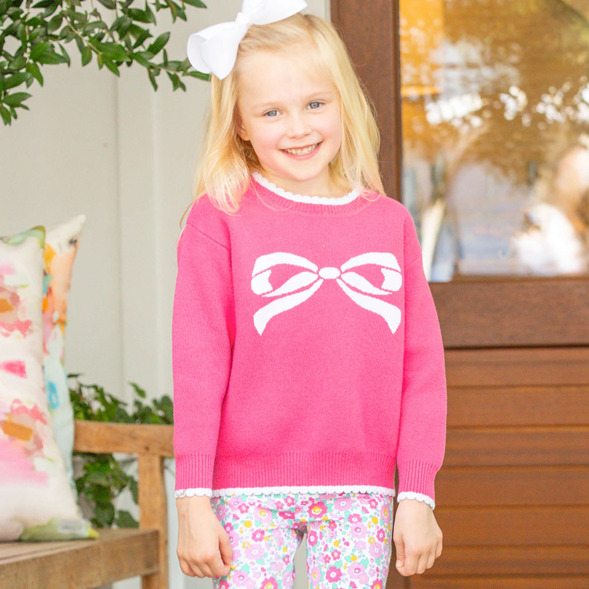 Bright Pink Sweater with Bow Graphic and Floral Leggings Bright Pink Sweater with Bow Graphic and Floral Leggings — Little Girl Outfits