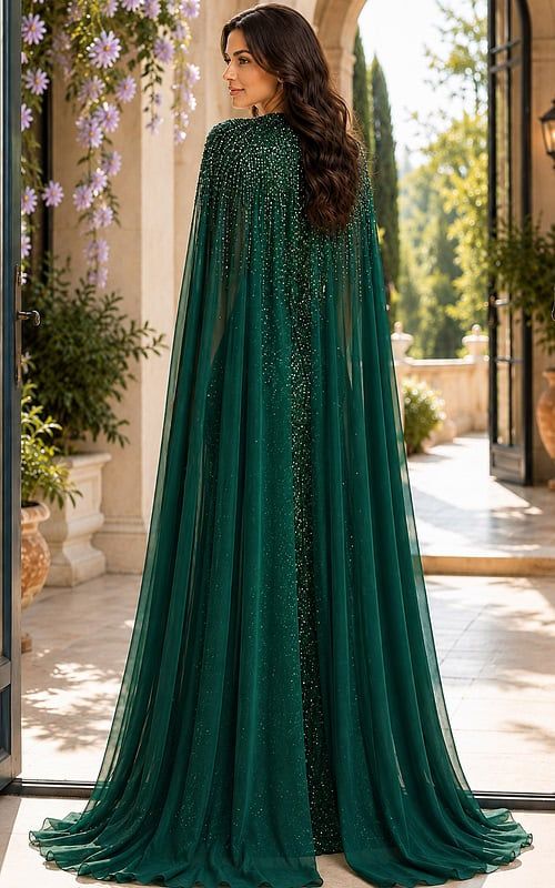 Emerald Green Gown with Beaded Chiffon Cape — Party Dresses