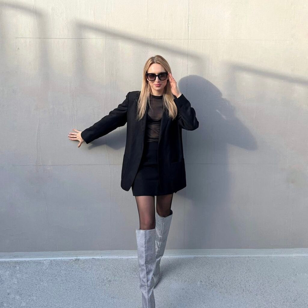 Layered Black Mesh Top Under Oversized Blazer — Mesh Top Outfits