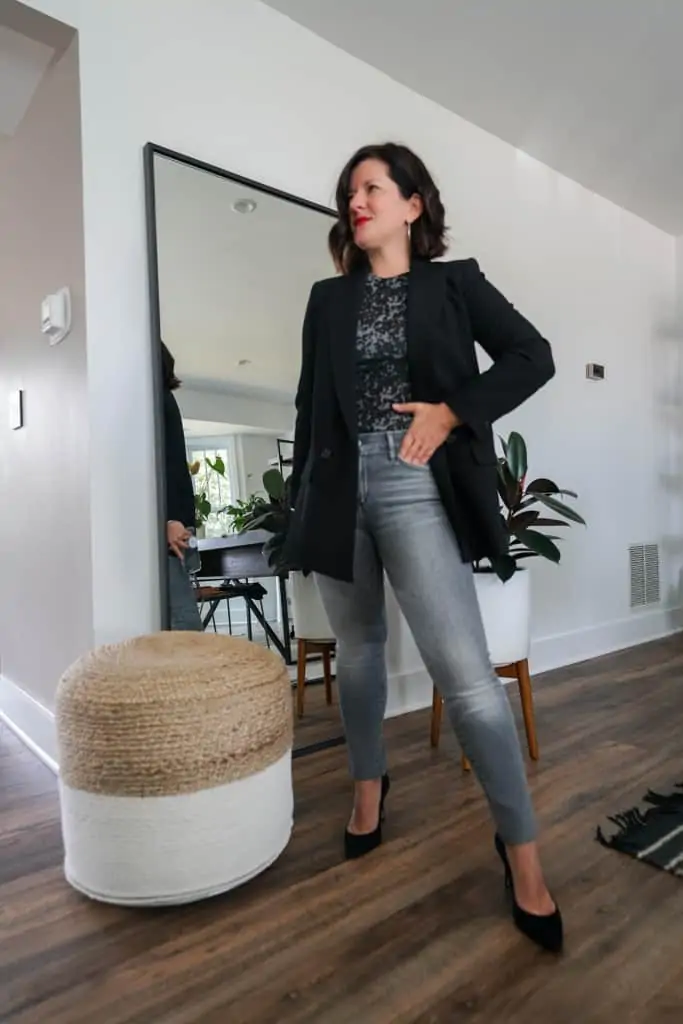 Oversized Blazer Over Patterned Top and Jeans — Black Outfits