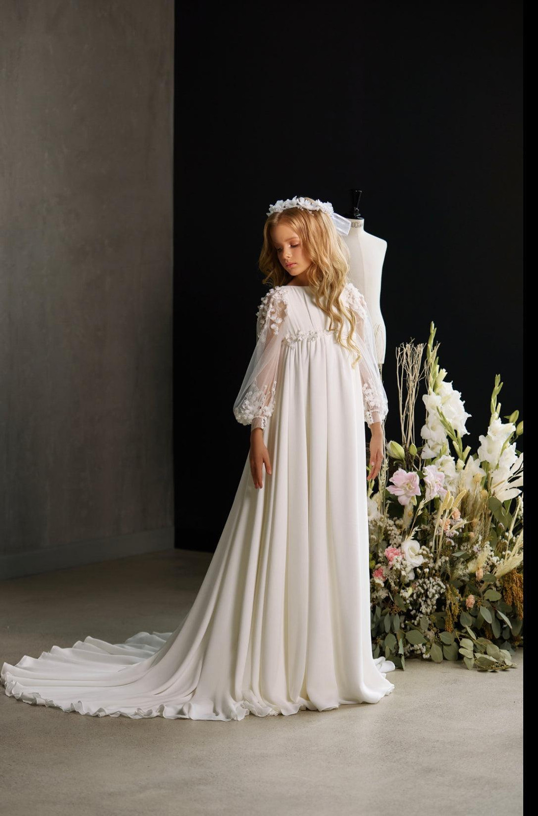 Ethereal A-Line Gown with Sheer Floral Appliqué Sleeves Ethereal A-Line Gown with Sheer Floral Appliqué Sleeves — First Communion Outfits
