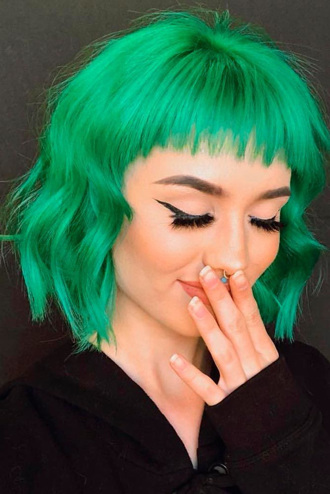 Vivid Green Bob With Micro Bangs — Green Hair