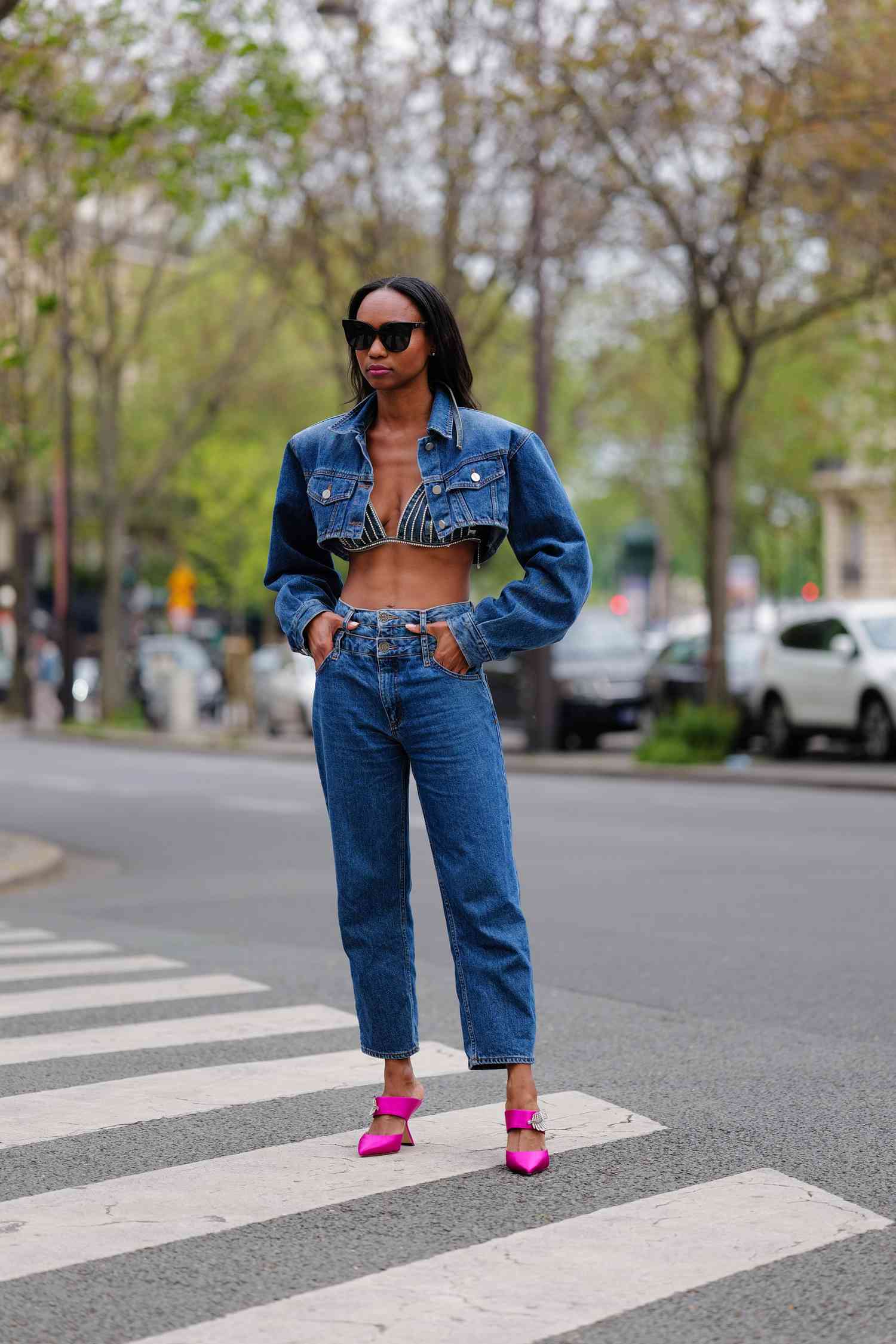 Super Cropped Denim Jacket with Bikini and Satin Heels Super Cropped Denim Jacket with Bikini and Satin Heels — Jean Jacket Outfits