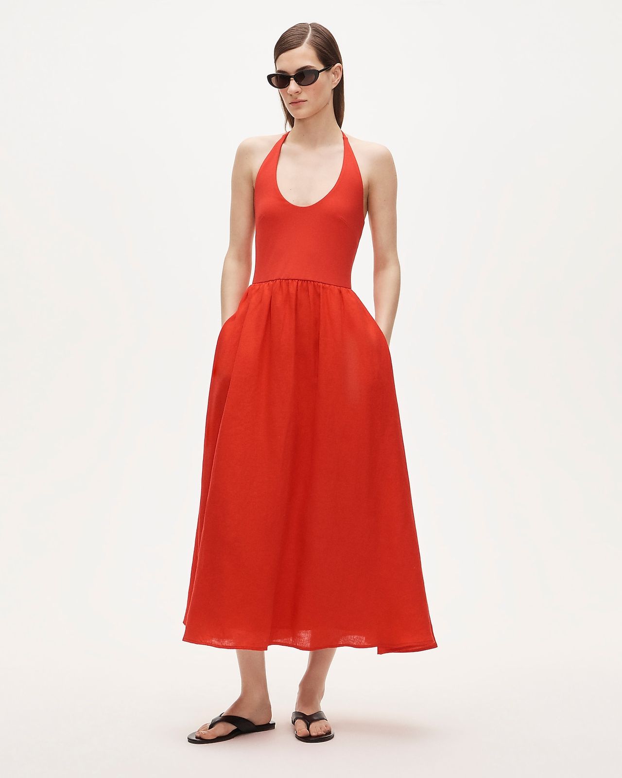 Red Linen Halter Midi Dress with Pockets — Halter Dresses