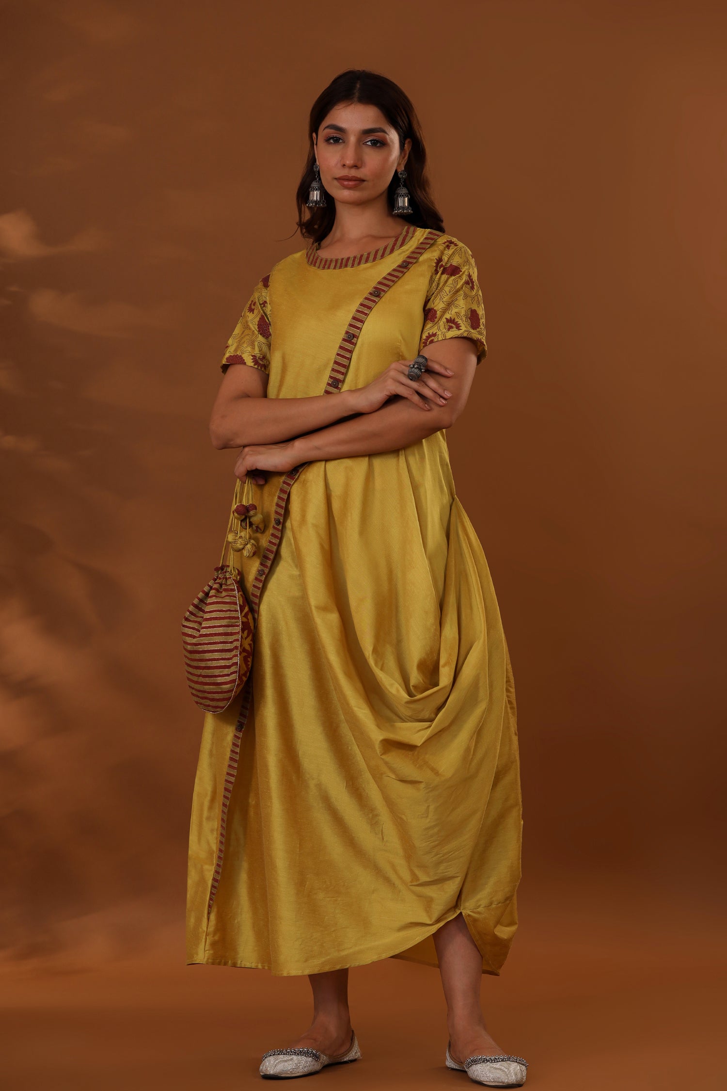 Draped Silk Blend: Yellow One-Side Drape Dress Draped Silk Blend: Yellow One-Side Drape Dress — Chola Outfits
