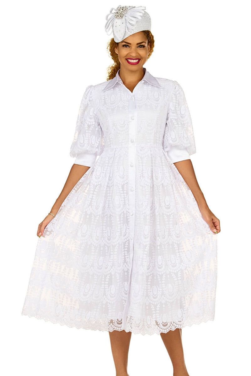 White Lace Shirt Dress with Satin Collar and Sparkly Hat White Lace Shirt Dress with Satin Collar and Sparkly Hat — Church Dresses