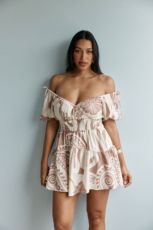 Beige and Brown Print Off-the-Shoulder Mini Dress with Smocked Waist — Rush Dresses