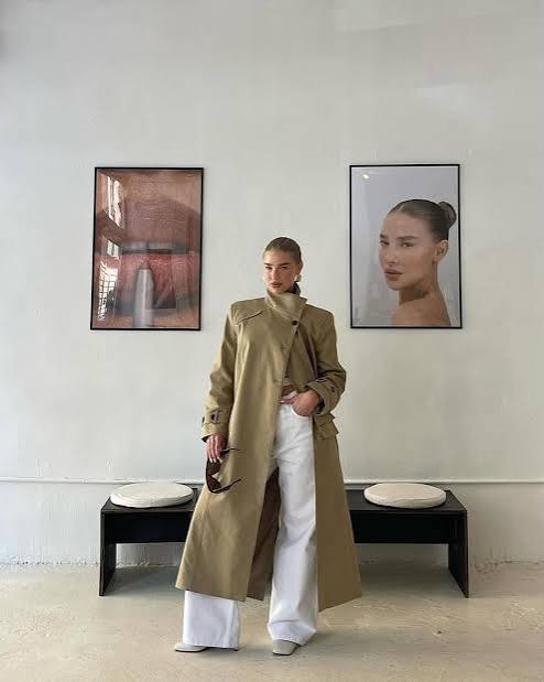 Minimalist Khaki Trench Coat with White Wide-Leg Pants — Trench Coat Outfits