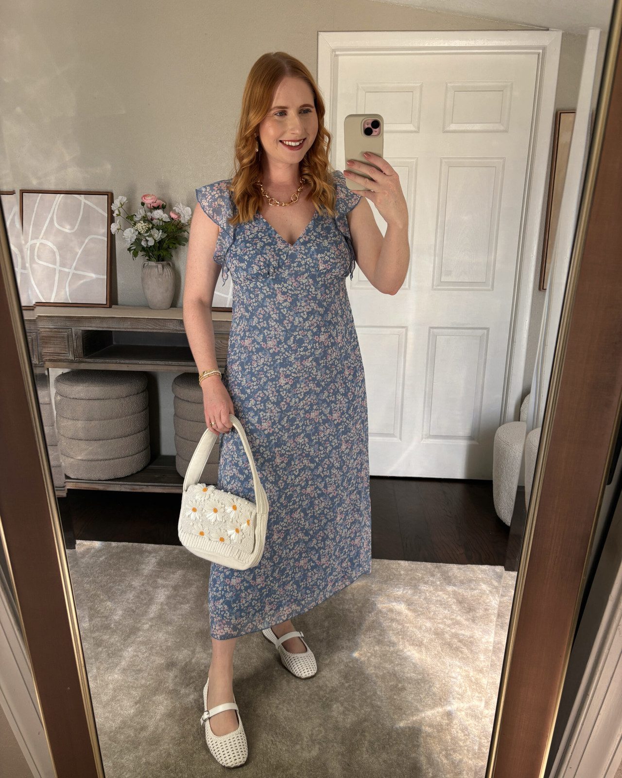Blue Floral Print Midi Dress with Empire Waist — Midsize Dresses