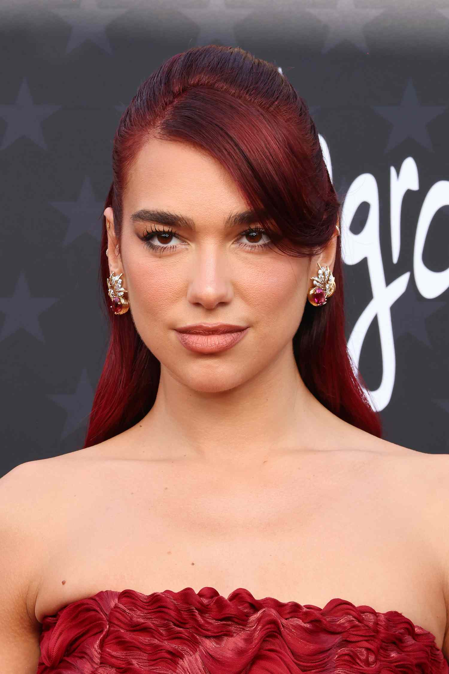 Event-Ready Red Off-the-Shoulder Dress with Dramatic Bangs Event-Ready Red Off-the-Shoulder Dress with Dramatic Bangs — Side Bangs