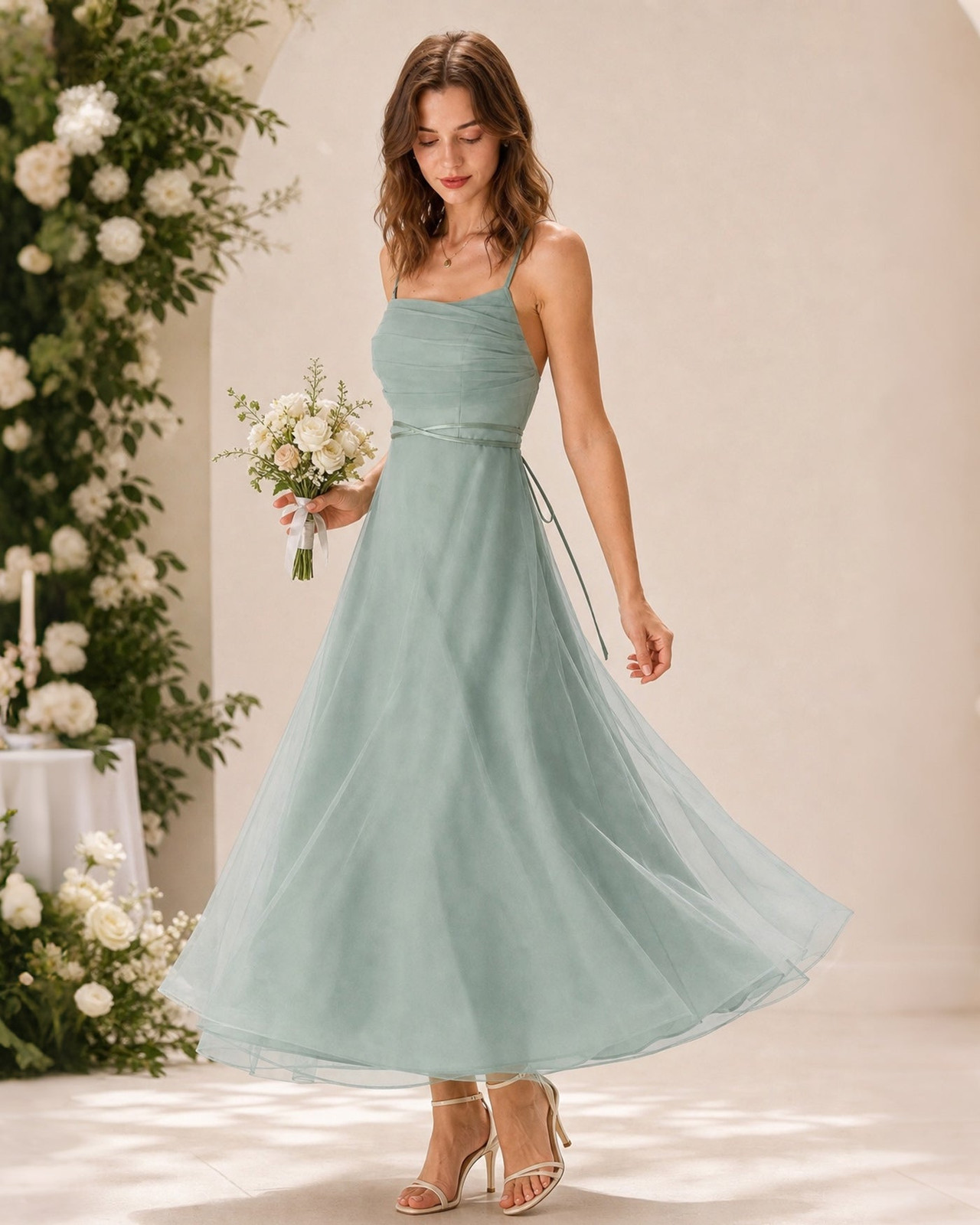 Seafoam Green Tulle Midi Dress with Satin Sash Seafoam Green Tulle Midi Dress with Satin Sash — Semi Formal Outfits