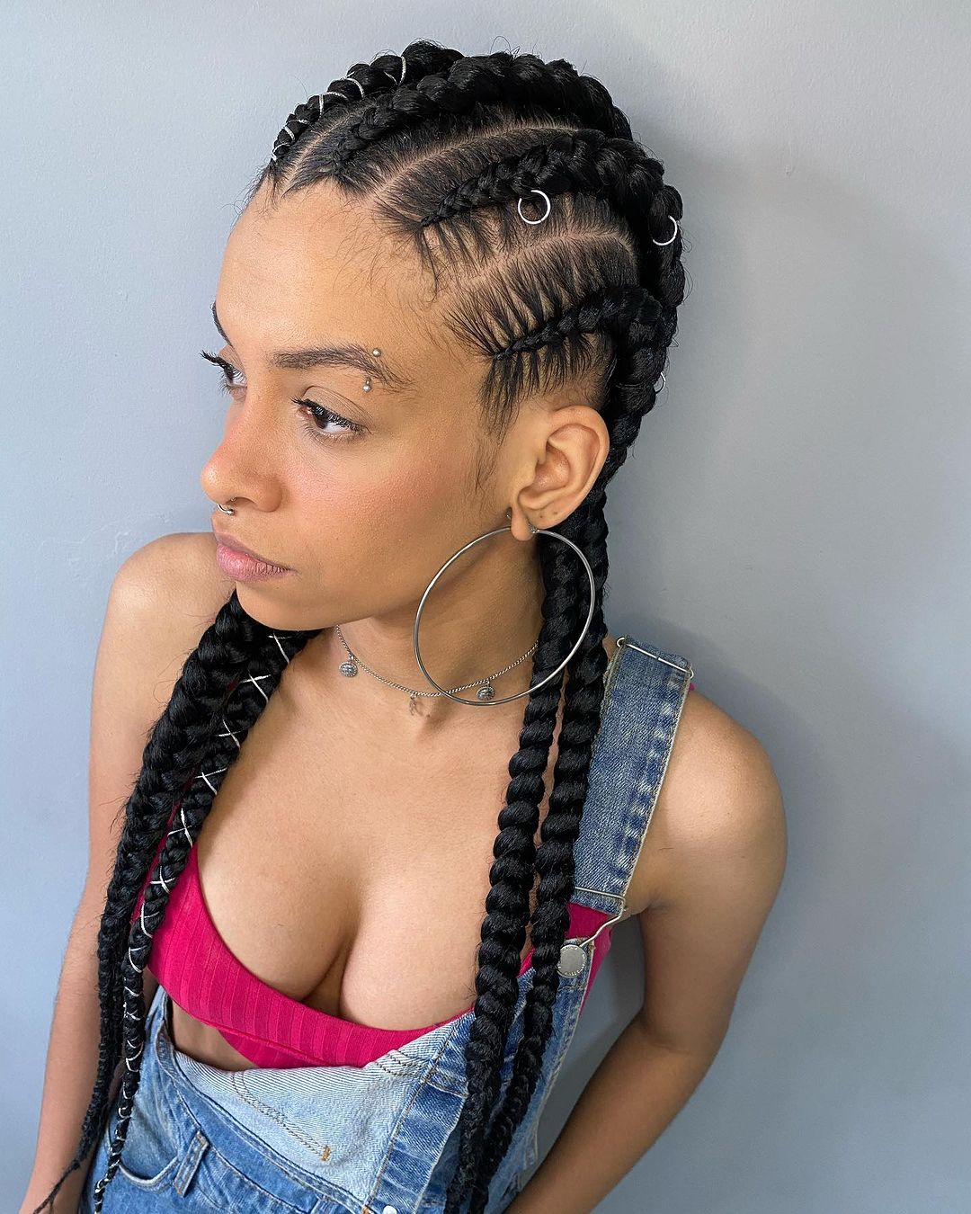 Shoulder-Length Box Braids With Rings Shoulder-Length Box Braids With Rings — Straight Back Braids