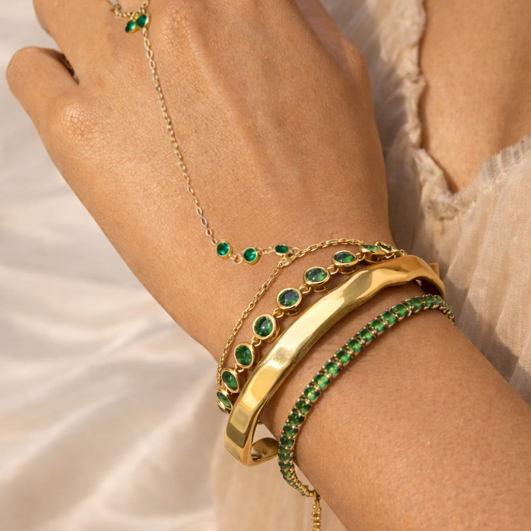 Gold Bracelet Stack with Gemstone Hand Chain — Gold Jewelry Stack