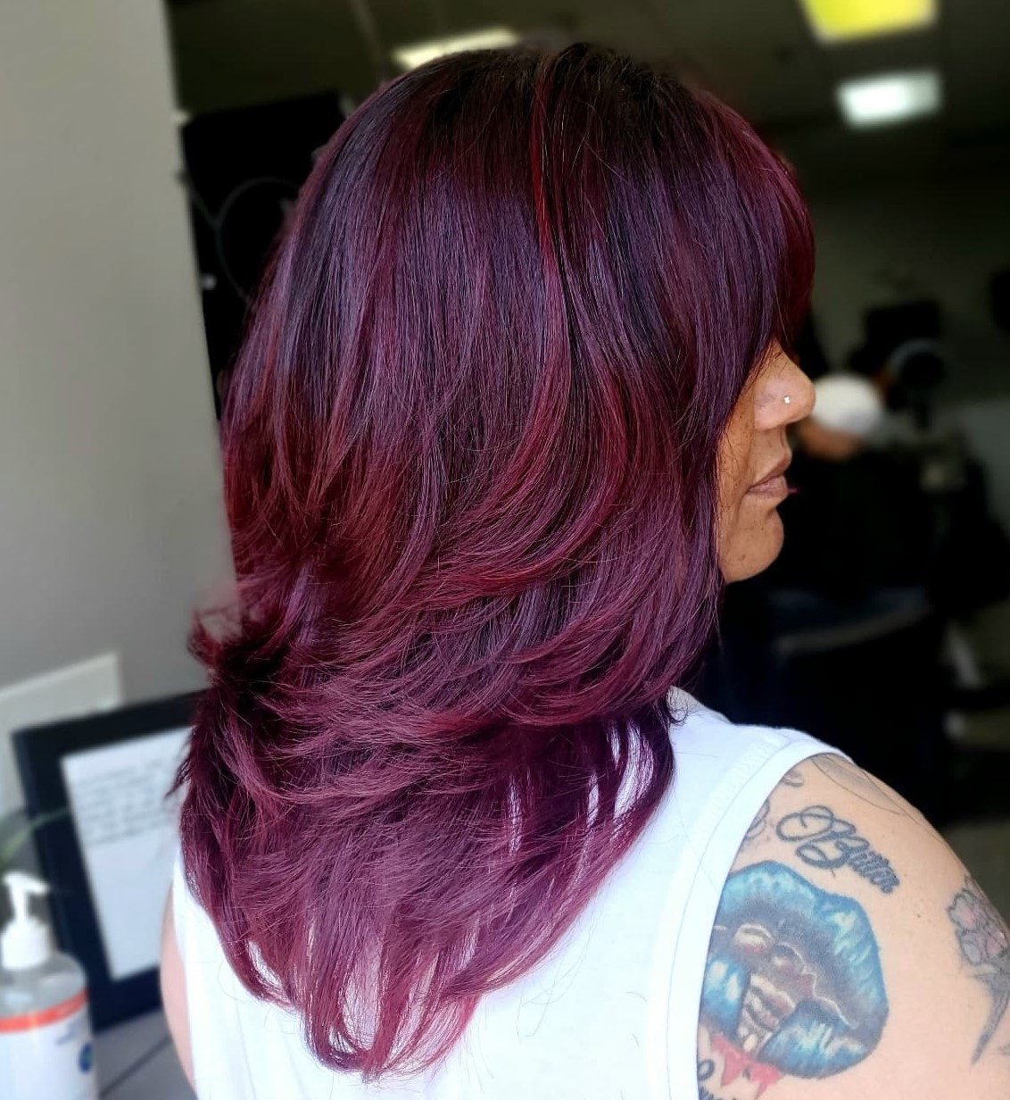 Deep Red Lob With Side-Swept Bangs Deep Red Lob With Side-Swept Bangs — Red and Black Hair