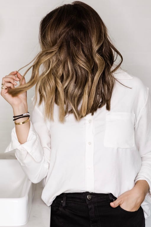 Chin Length Dark Brown with Caramel Balayage Chin Length Dark Brown with Caramel Balayage — Loose Curls