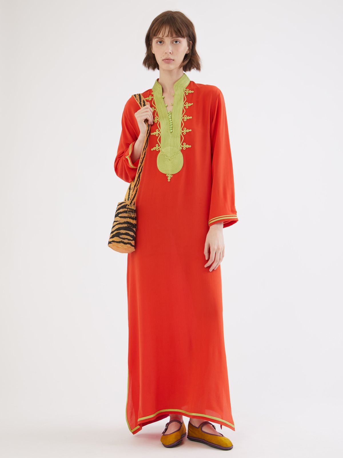 Vibrant Orange Kaftan with Lime Green Embroidery Vibrant Orange Kaftan with Lime Green Embroidery — Morocco Outfits