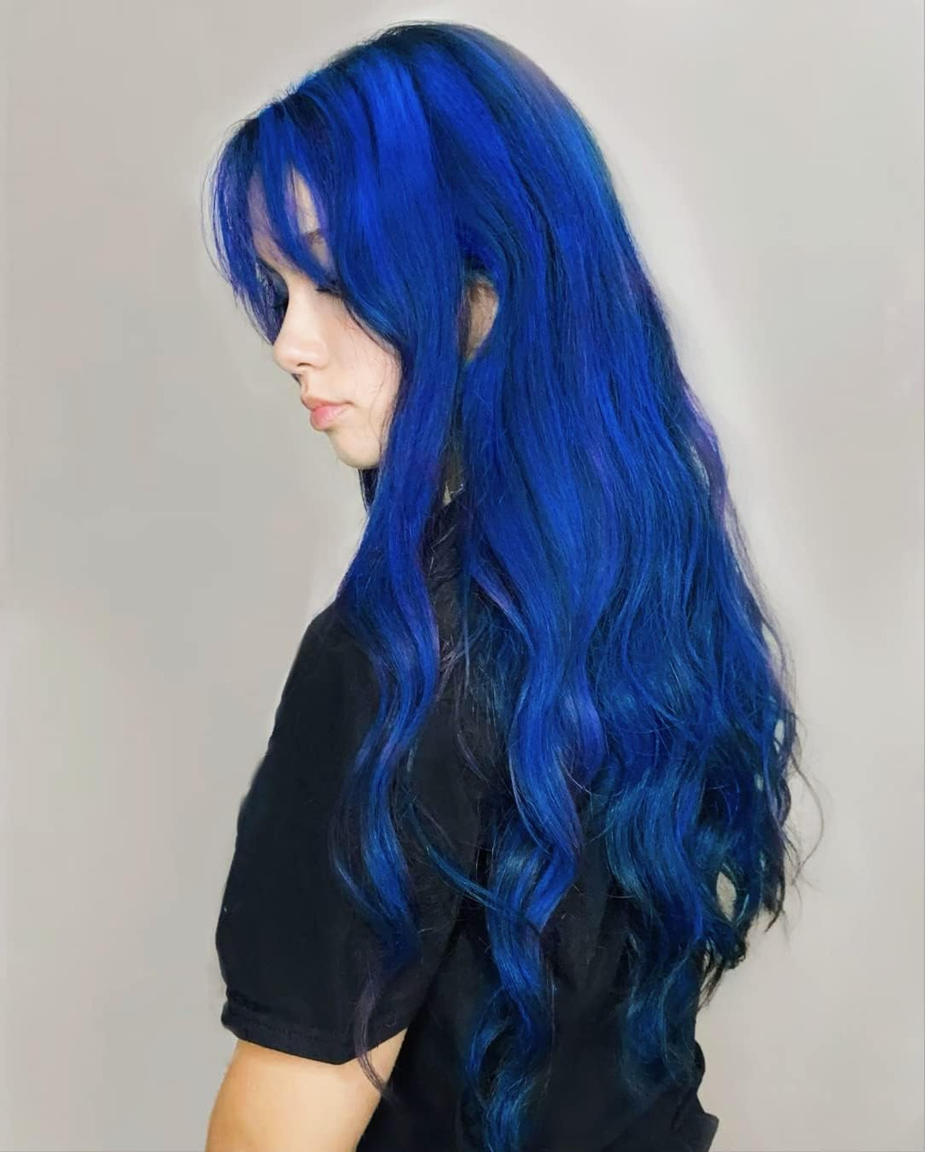 Vivid Blue Waves With Wispy Bangs Vivid Blue Waves With Wispy Bangs — Royal Blue Hair