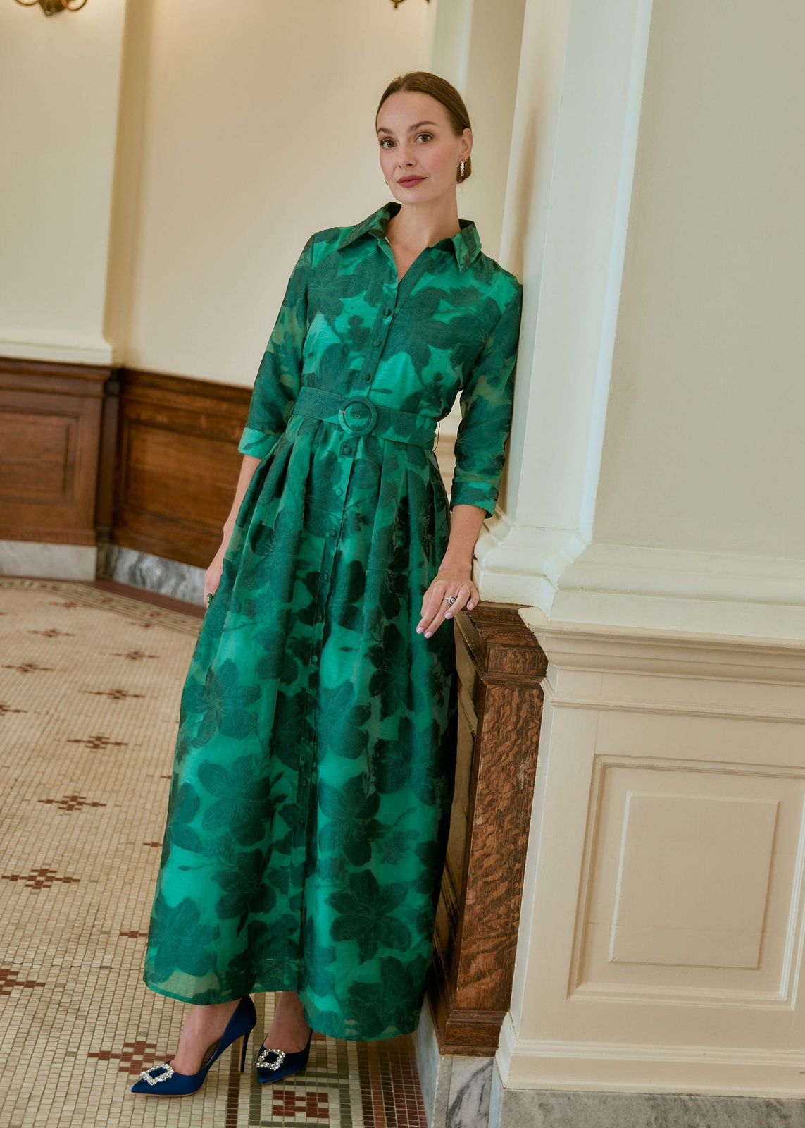 Emerald Green Floral Midi Shirt Dress with Belt Emerald Green Floral Midi Shirt Dress with Belt — Mother of the Groom Dresses
