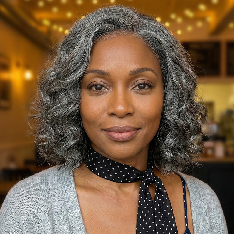 Salt And Pepper Collarbone Bob With Loose Waves Salt And Pepper Collarbone Bob With Loose Waves — Salt and Pepper Bob