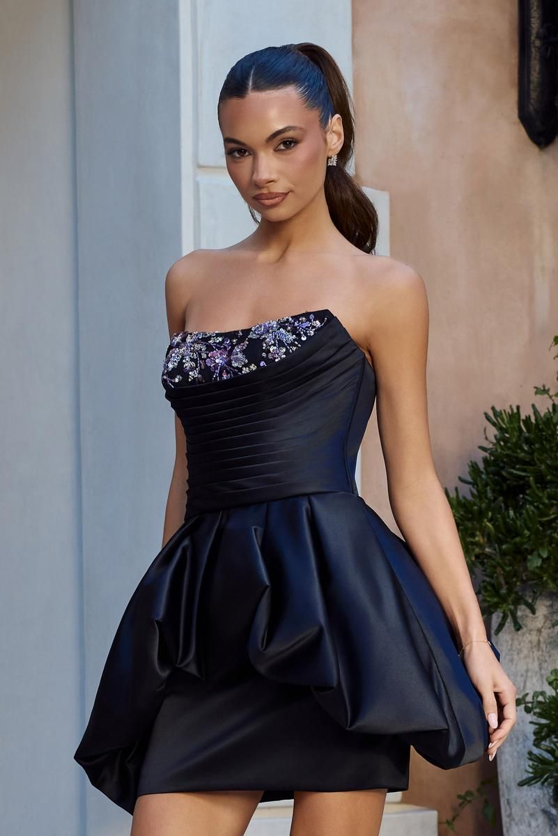 Black Strapless Satin Dress with Sequined Bodice and Bubble Hem — Bubble Hem Dresses