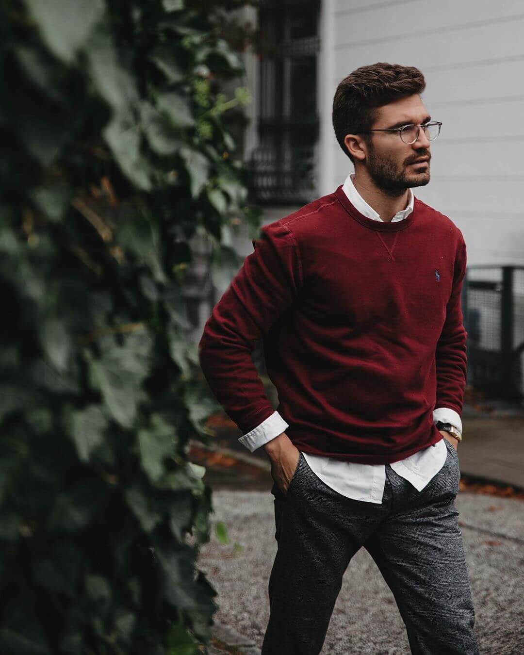 Maroon Sweatshirt Over Collared Shirt Maroon Sweatshirt Over Collared Shirt — Outfits for Men