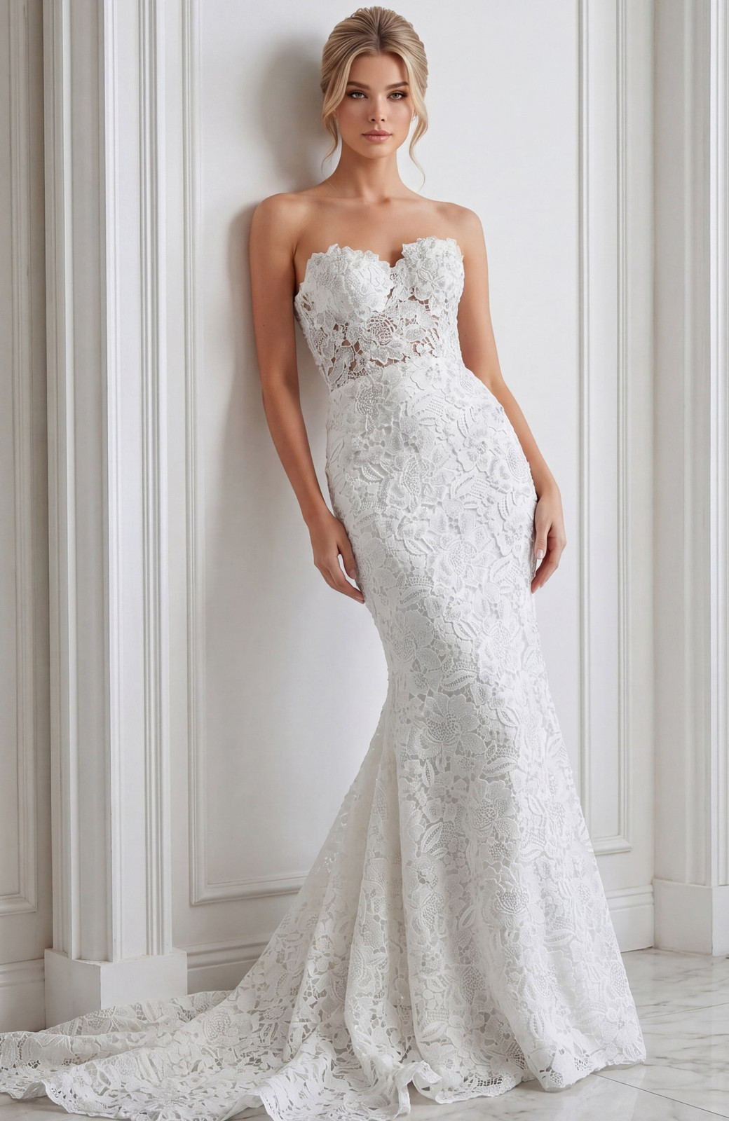 Off-White Strapless Lace Bridal Gown with Mermaid Silhouette — Strapless Dresses