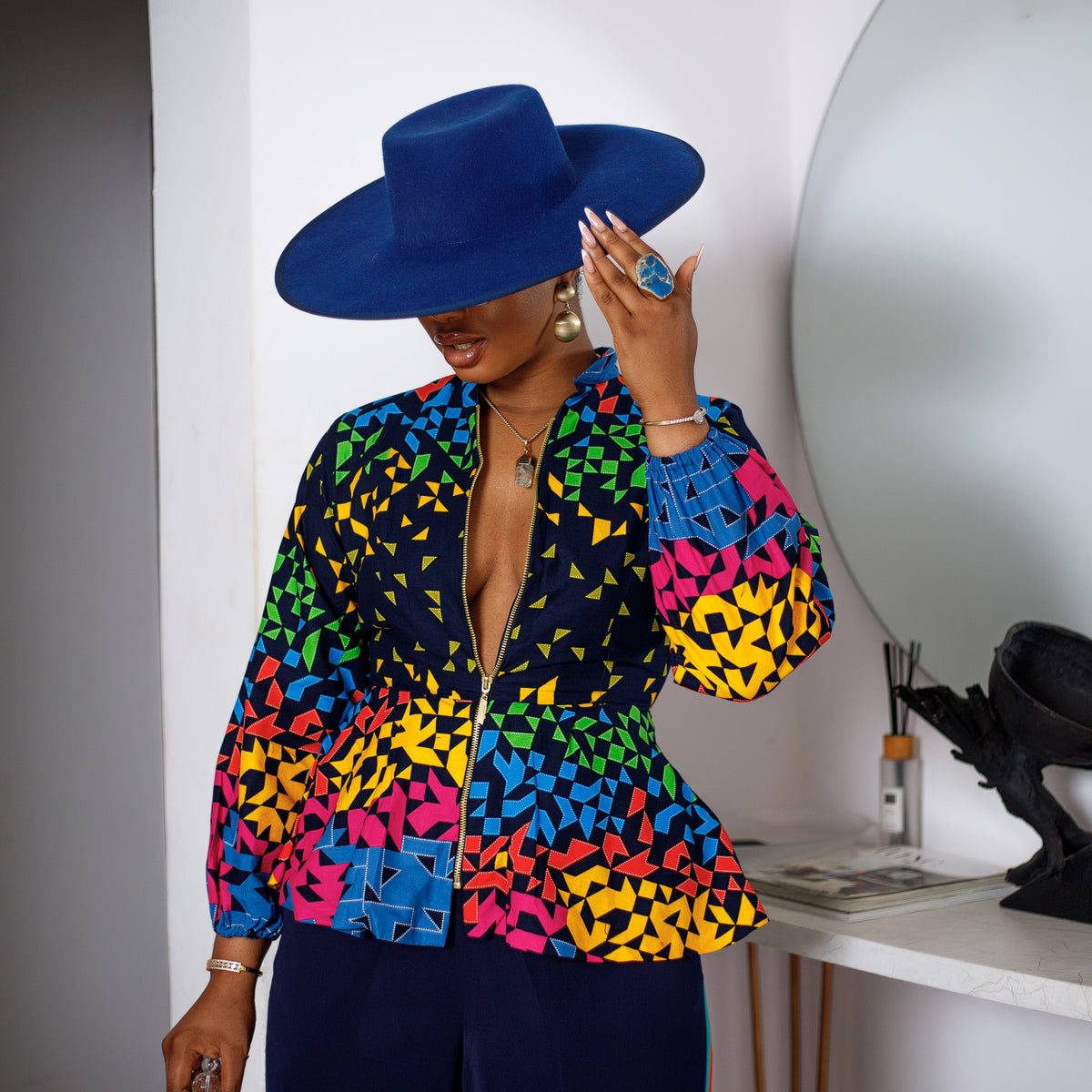 Geometric Print Peplum Top With Wide-Leg Trousers Geometric Print Peplum Top With Wide-Leg Trousers — Afrocentric Outfits