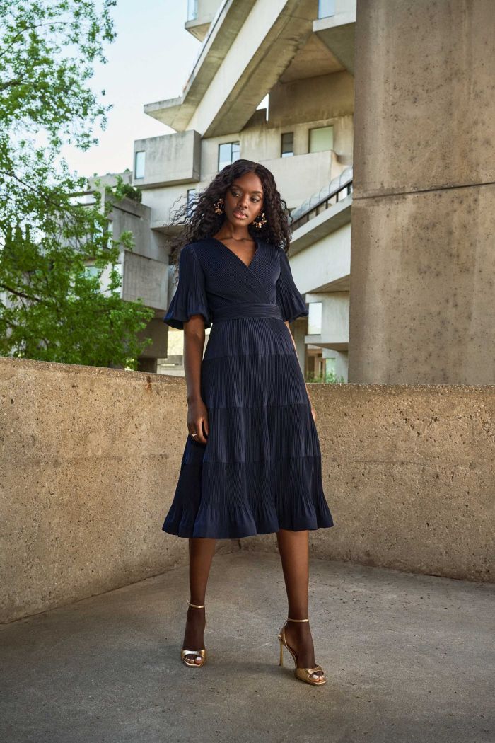 Elegant Navy Pleated Fit and Flare Midi for Evening Elegant Navy Pleated Fit and Flare Midi for Evening — Fit and Flare Dresses