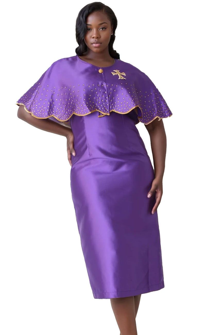 Purple Satin Dress with Embellished Gold Trim Cape Purple Satin Dress with Embellished Gold Trim Cape — Church Dresses