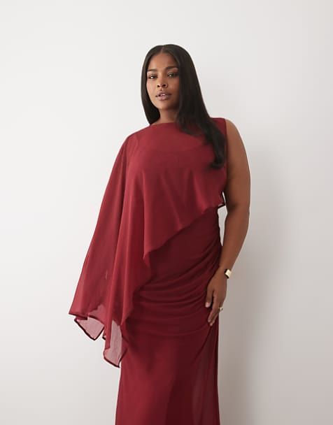 Maroon Ruched Dress with Asymmetrical Chiffon Overlay — Plus Size Dresses