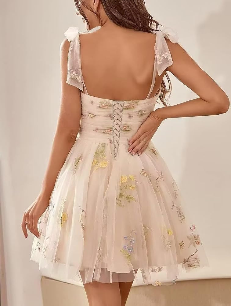 Cream Tulle Dress with Multi-Color Floral Embroidery and Tie Straps Cream Tulle Dress with Multi-Color Floral Embroidery and Tie Straps — Sweet 16 Guest Outfits