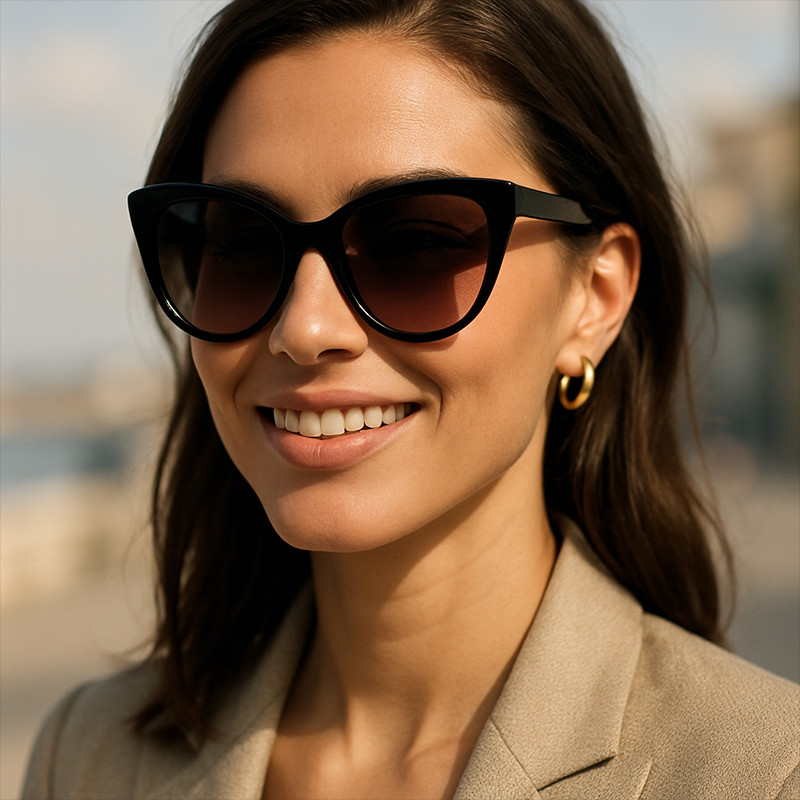 Black Cat-Eye Sunglasses With Beige Blazer Black Cat-Eye Sunglasses With Beige Blazer — Sunglasses for Square Face