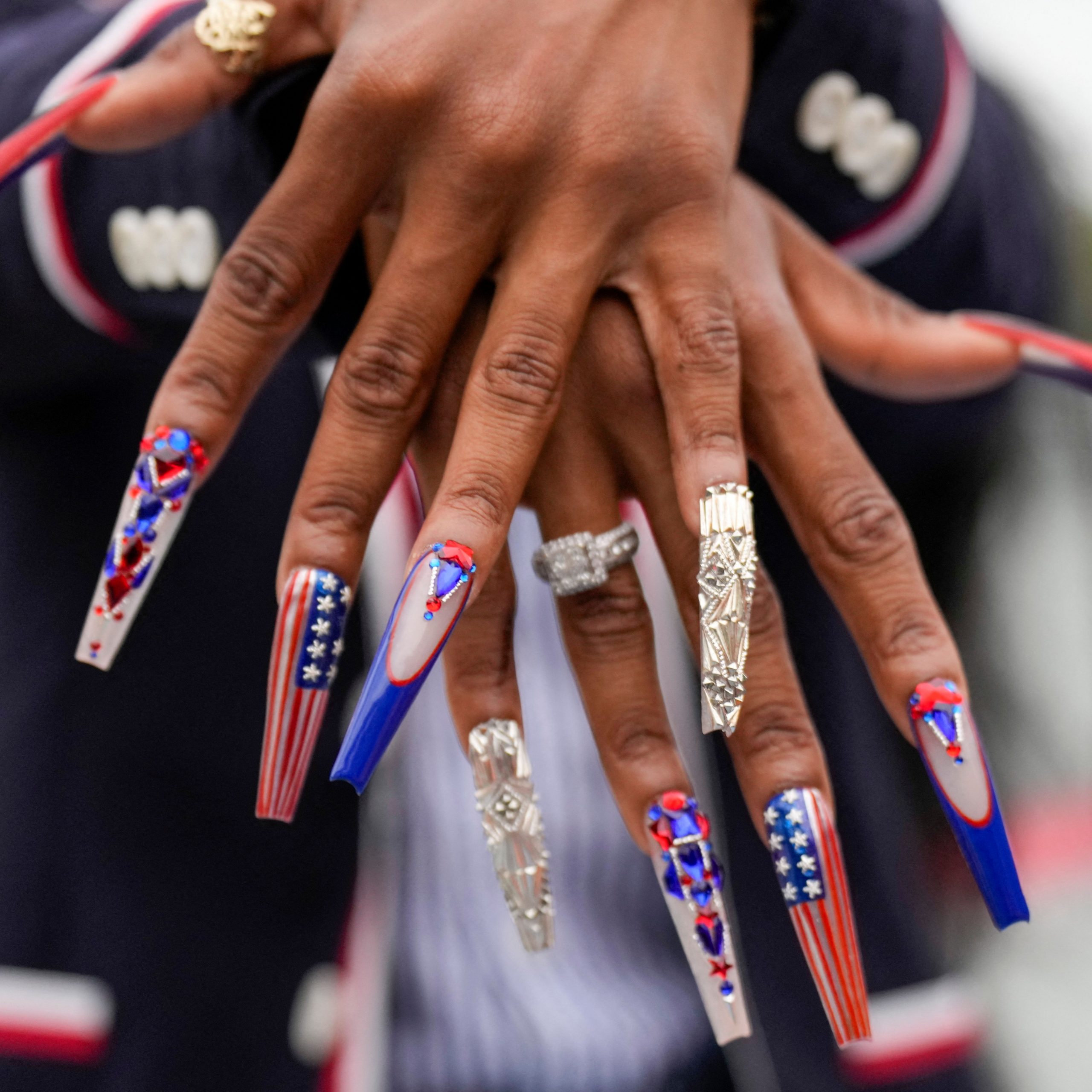 Olympic Rings On Accent Nails Matte White Olympic Rings Nails Olympic Rings On Accent Nails Matte White Olympic Rings Nails — Gymnastics Nails