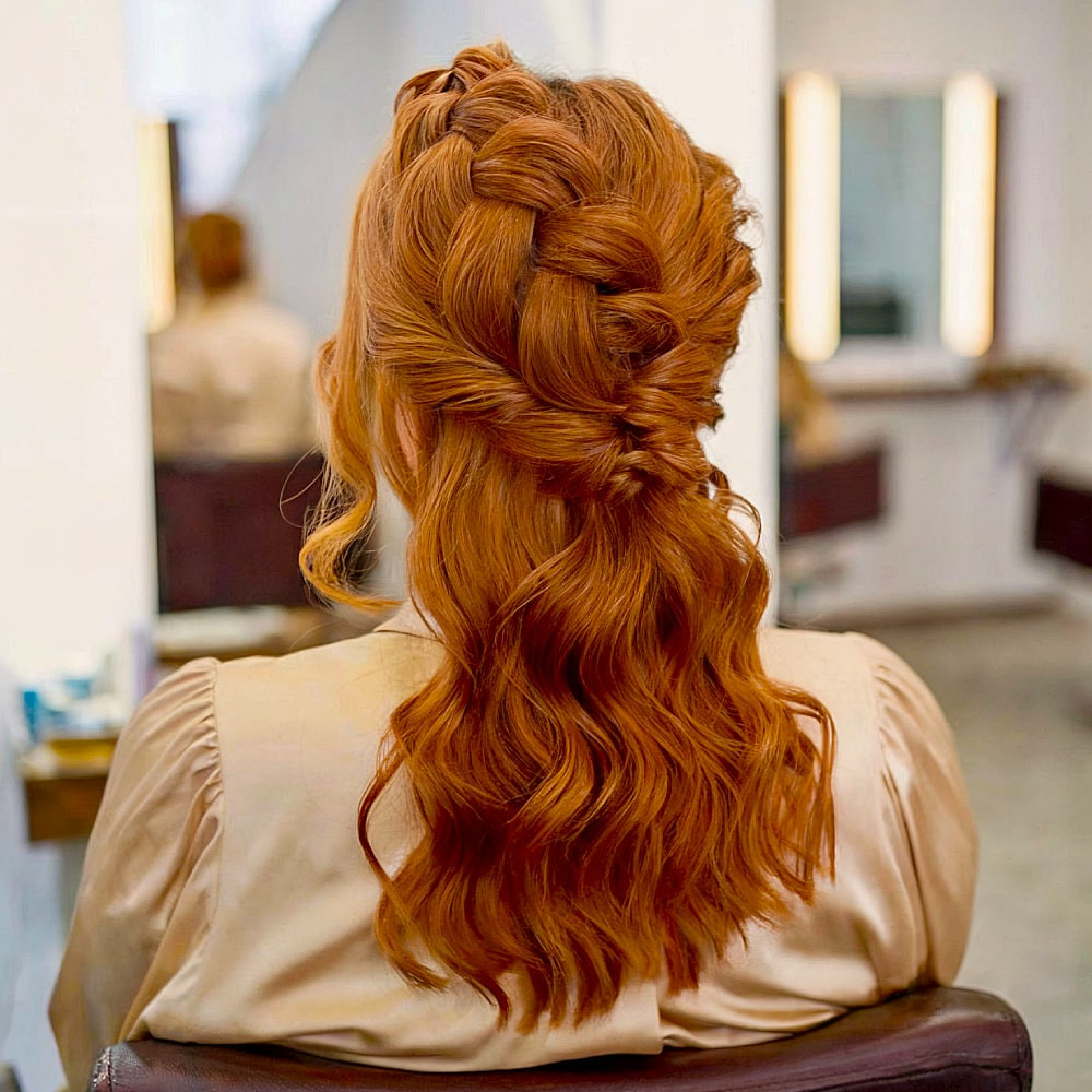 Red Waves With Intricate Braided Updo Red Waves With Intricate Braided Updo — Half Up Half Down with Braids