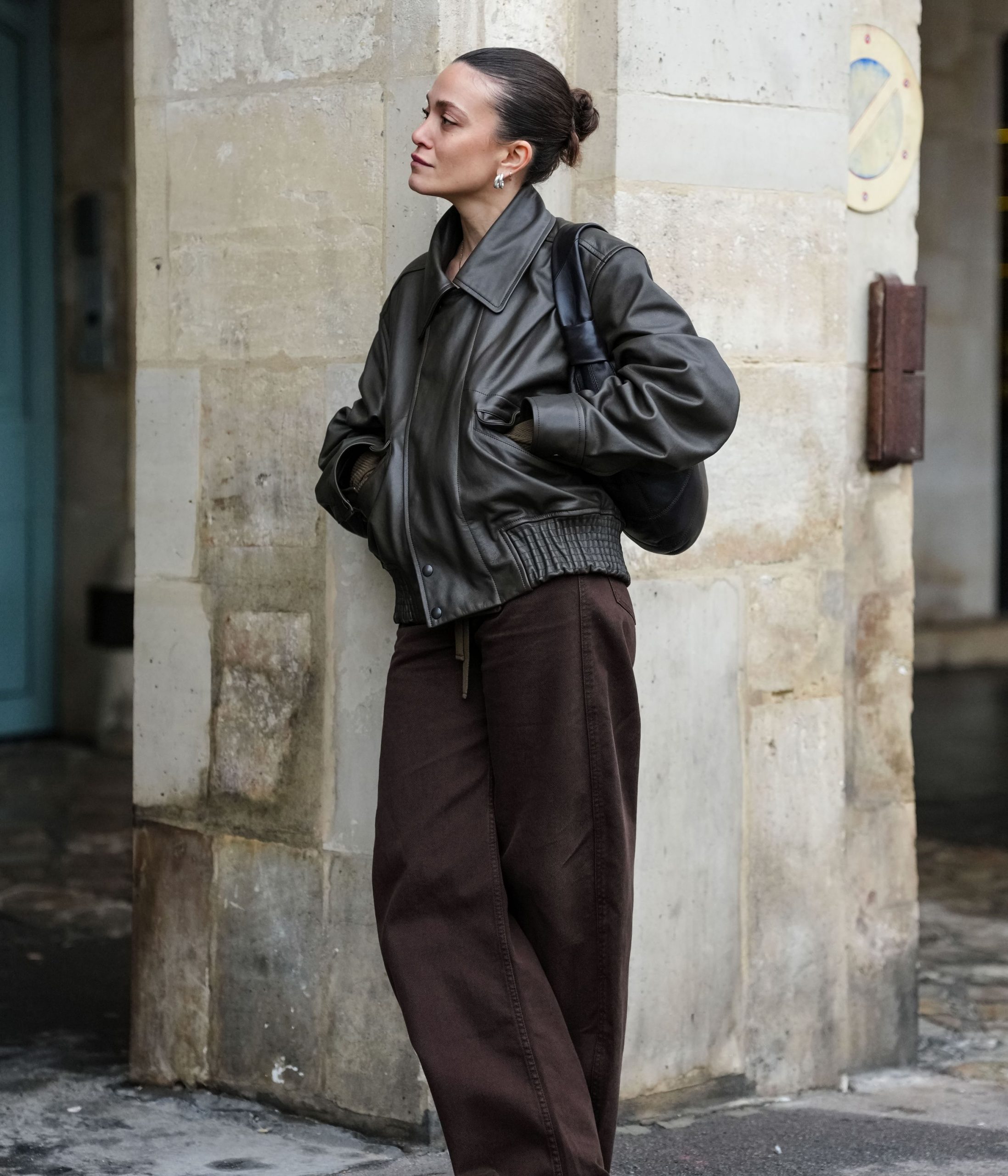 Olive Green Bomber Jacket Over Brown Top and Pants — Brown Outfits